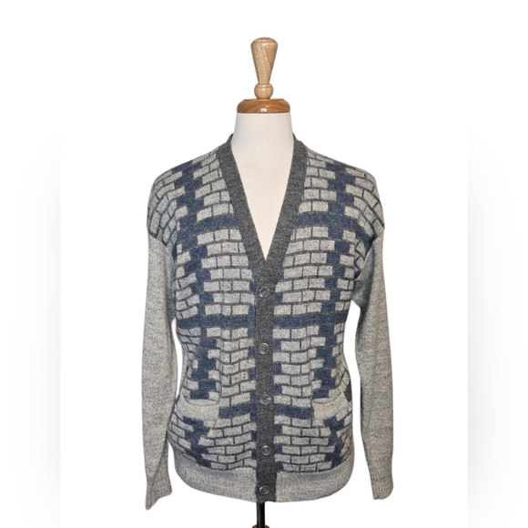Vtg 70s 80s Eaton’s Birkdale Wool Knit Cardigan Sweater Brick Pattern Canada - Picture 1 of 8